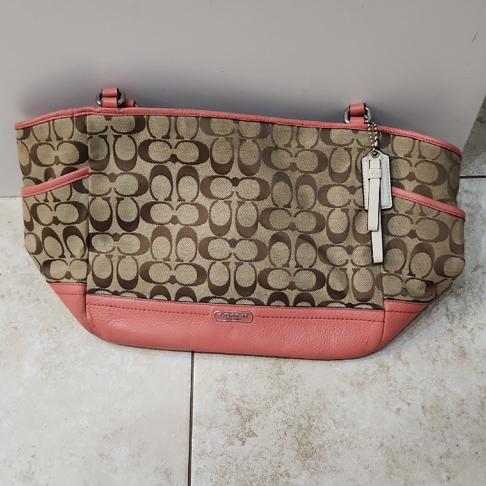 Coach Tan and Pink Signature Shoulder Bag